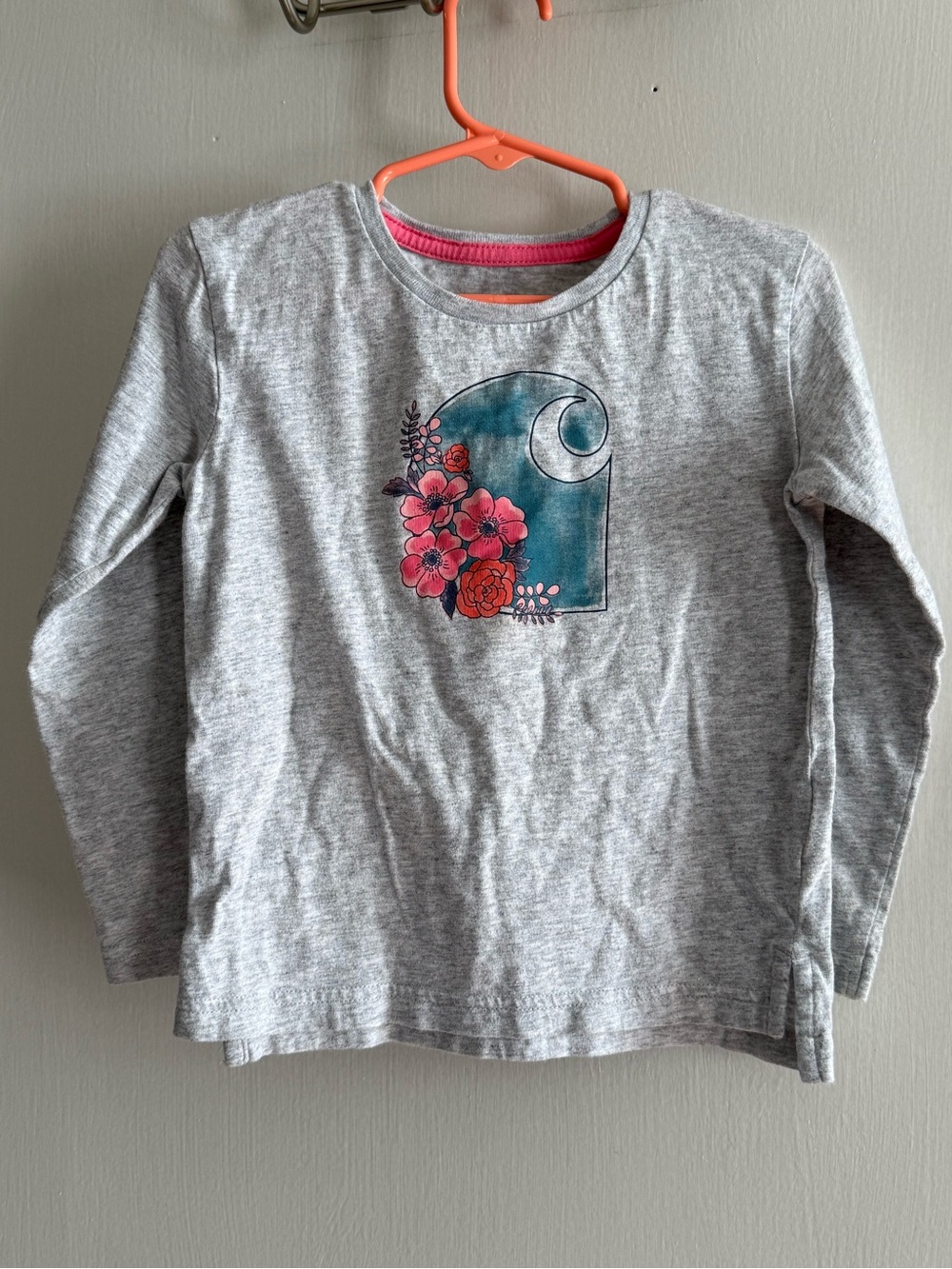 Carhartt 100% Cotton Grey Long-Sleeve Tee with Pink Floral & Teal Wave Size 3T